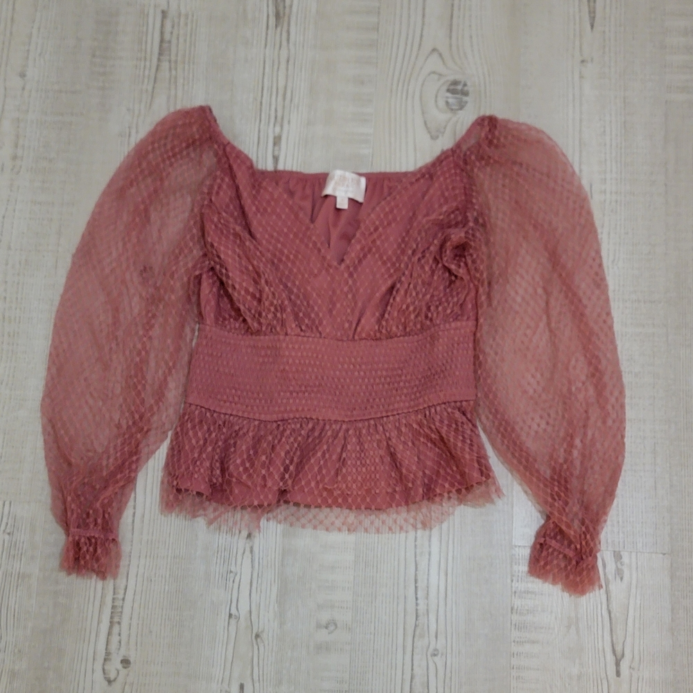 Francesca's Collections Audrey Parks Dusty Rose Sheer Puff-Sleeve Blouse Boho